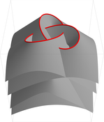 Cost function: Visualization of our cost function for a synthetic trefoil knot vessel. For a viewer located above the know, the value of the cost function on the cut surface is depicted by the depth.